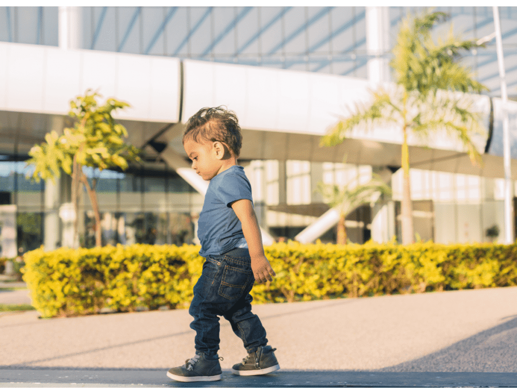 Child walking with in-toeing caused by increased femoral anteversion, treated at POBAR in Brandon.